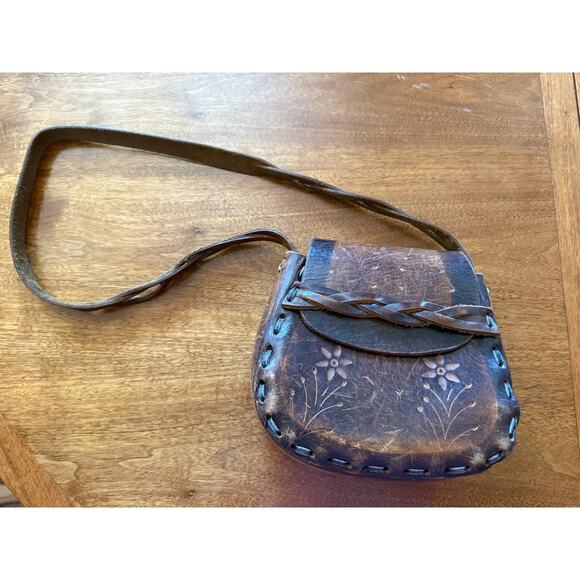 Vintage Hippie Boho Hand Tooled Leather Shoulder Bag Satchel Braided - Picture 1 of 10